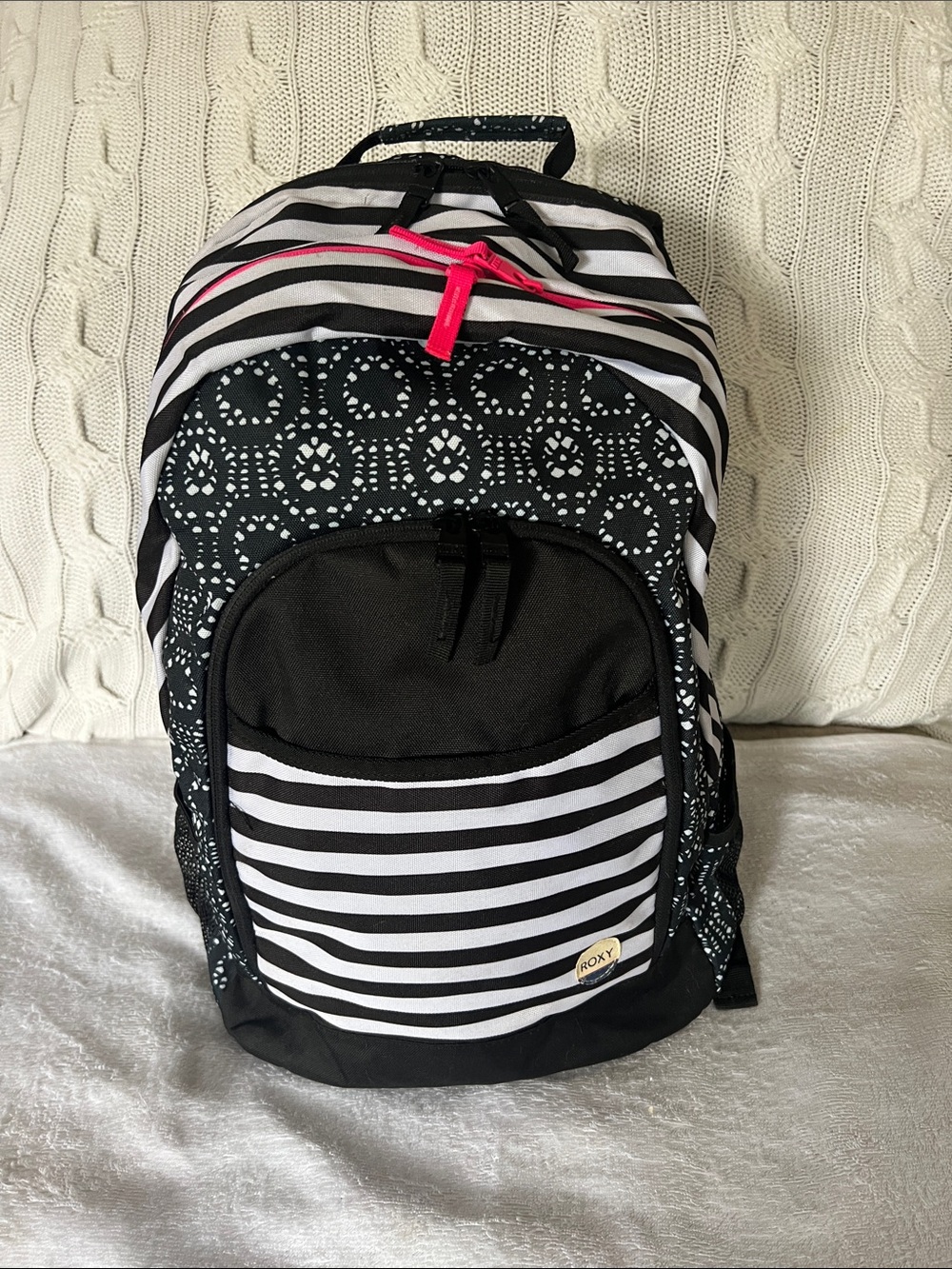 Roxy Black & White Striped Backpack with Pink Zipper Accent